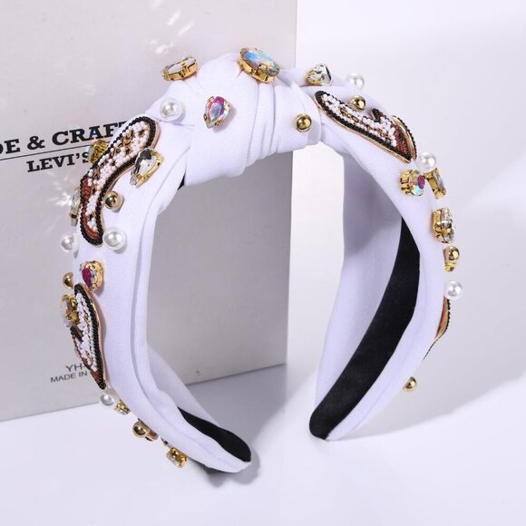 Western Cowgirl Headband Beaded Rhinestone Pearl Top Knot for Country Concert main image 6